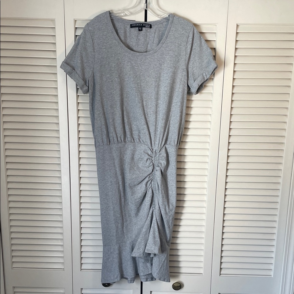 Veronica Beard Light Gray Jersey Knit Tee Dress Sz M ruched skirt flounce hem